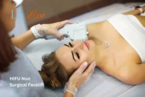 Woman having Hi-Fu to reduce wrinkles Barking.