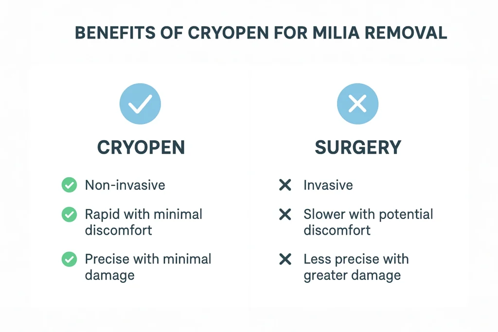 Benefits of cryopen for milia removal Barking compared to surgical treatments.