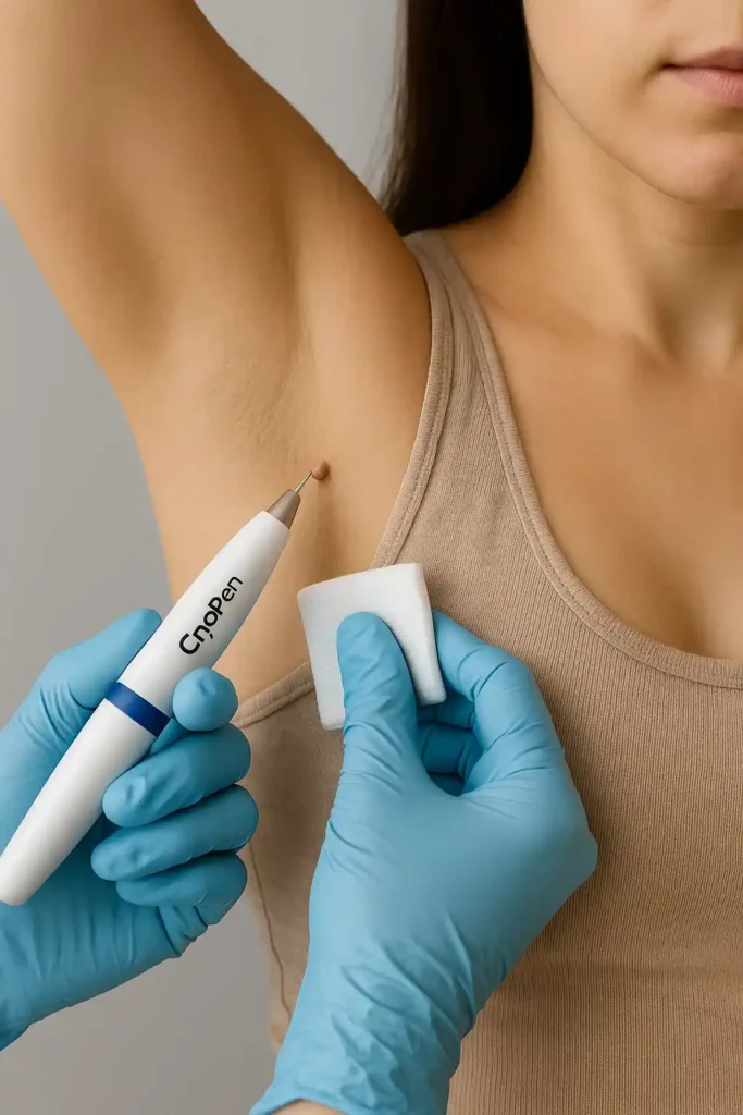 woman having cryopen to remove underarm skin tags Barking