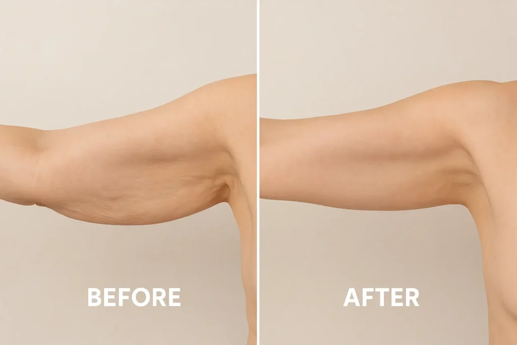 Picture of LA LIPO Barking before and after results of skin tightening treatment on the upper arms.