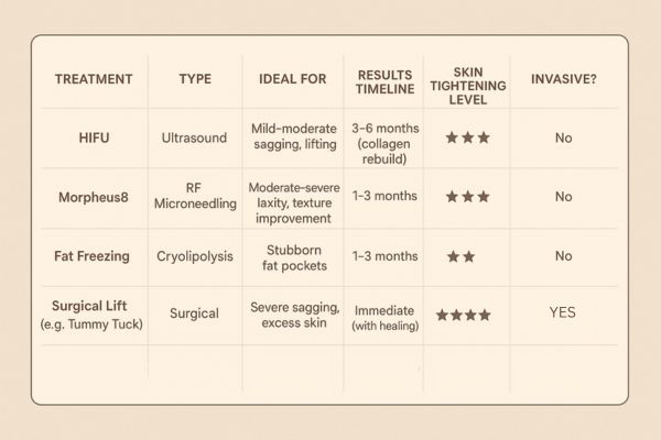 Table showing the comparisons of Skin tightening Barking treatment options.